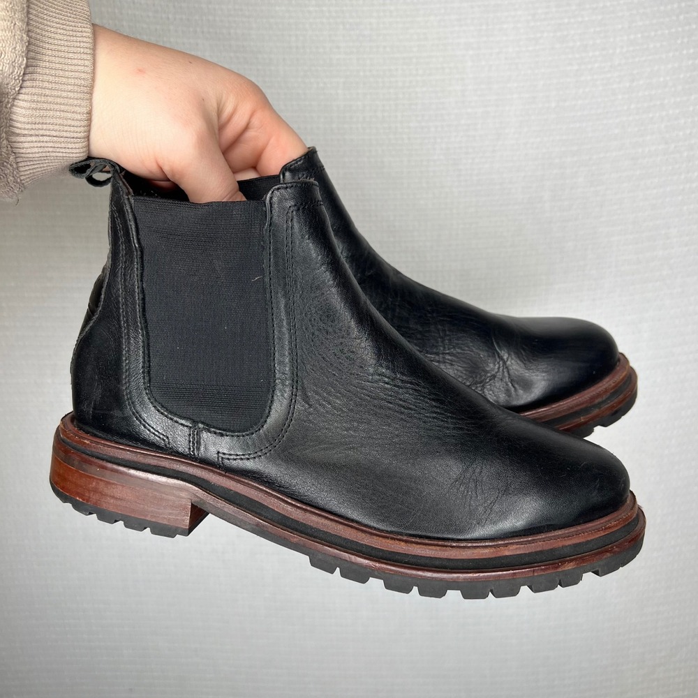 H by Hudson Bottines Black Leather Chelsea Boots Chunky Elastic‎ Women's Size 38